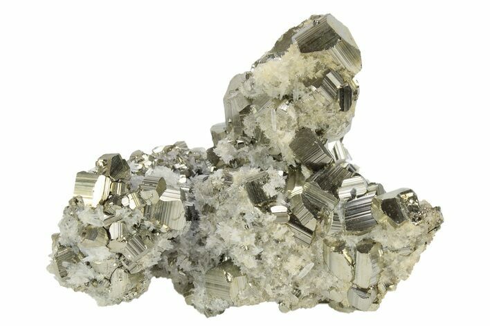 Gleaming, Striated Pyrite Crystal Cluster with Quartz - Peru #231516